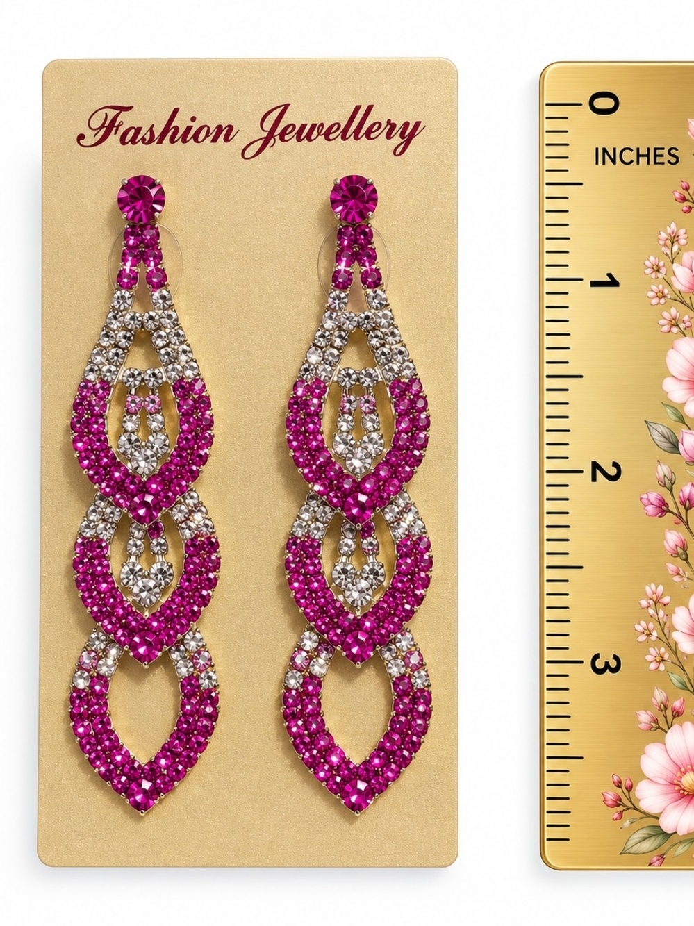 Fashion Jewelry Fuchsia & Silver Crystal Teardrop Dangle Earrings